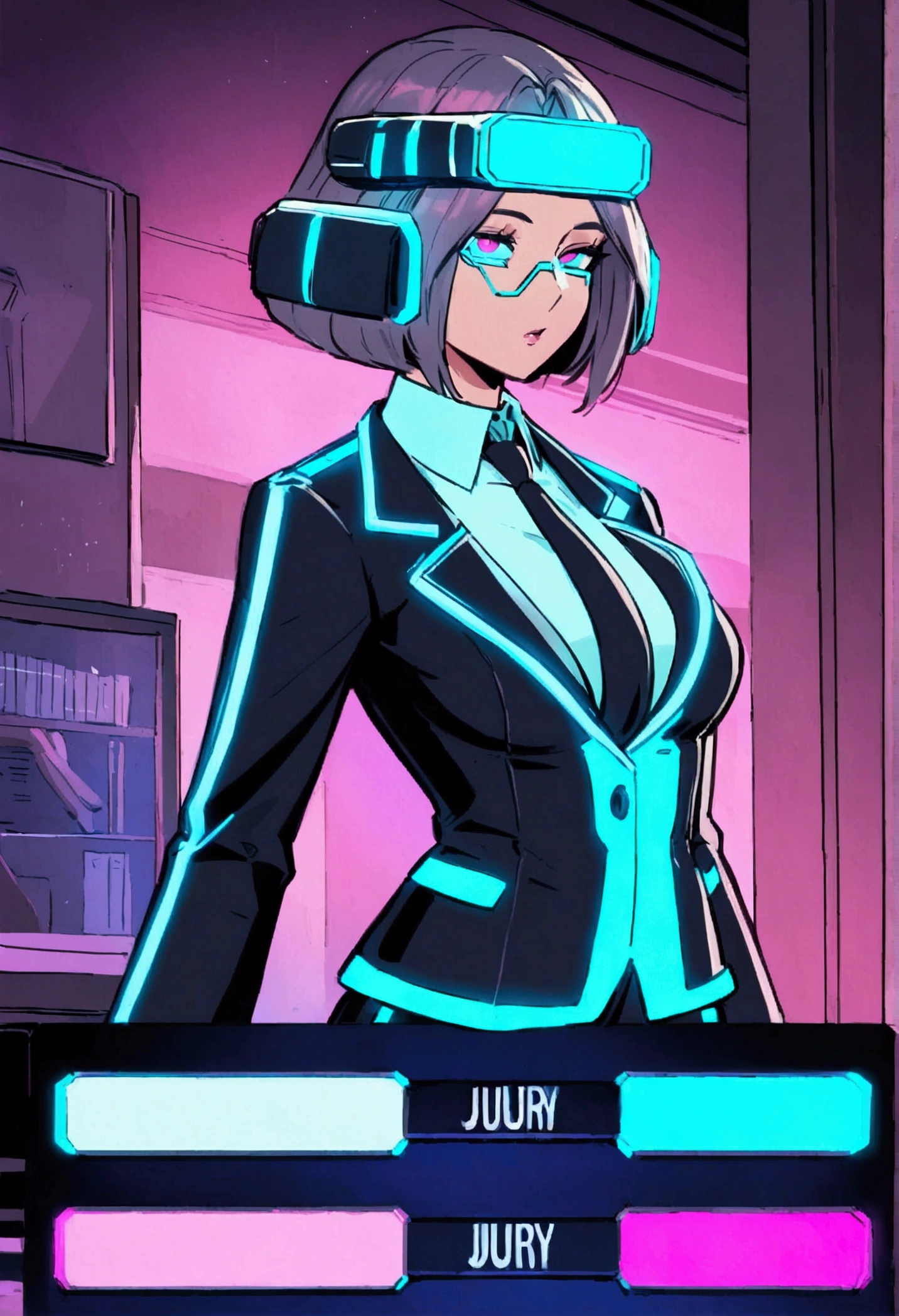 (cyberpunk, courthouse)A virtual lawyer (female, tron style lawyer outfit, health bar over head) is addressing a virtual jury. Health bar titled 'lawyer' over her head, show all of her
