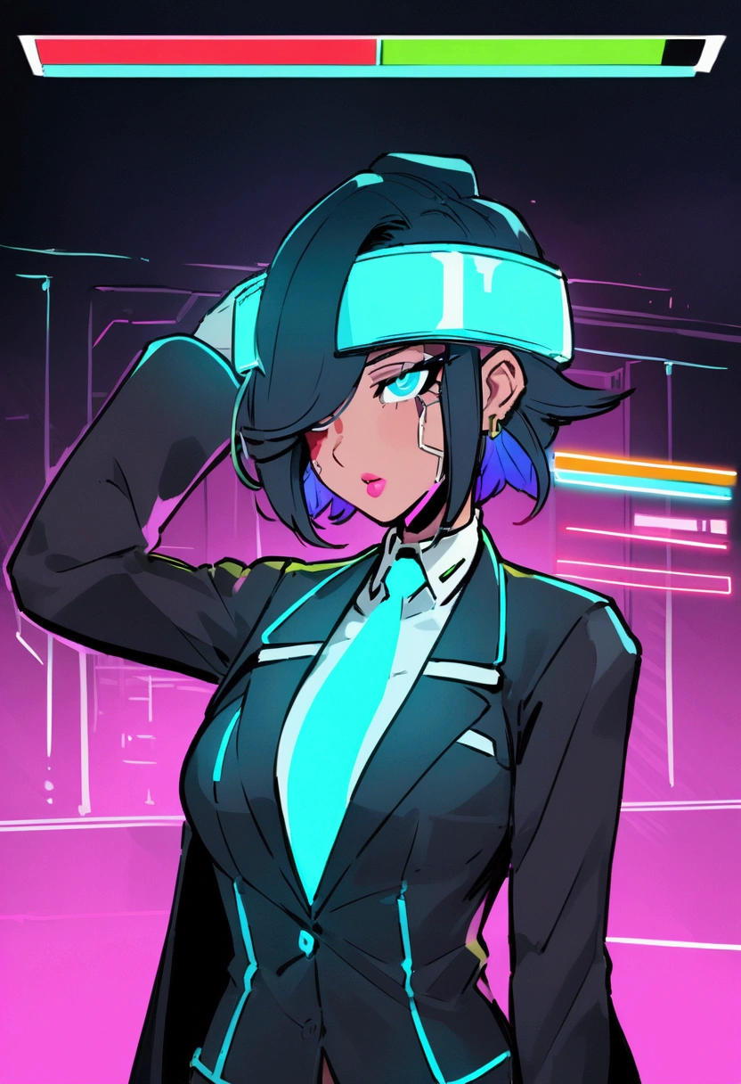 (cyberpunk, courthouse)A virtual lawyer (female, tron style lawyer outfit, health bar over head) is addressing a virtual jury. Health bar titled 'lawyer' over her head, show all of her