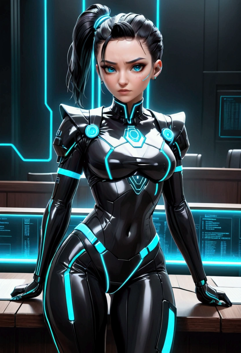 (cyberpunk, courthouse)A virtual lawyer (female, tron style lawyer outfit, health bar over head) is addressing a virtual jury. Health bar titled 'lawyer' over her head, show all of her