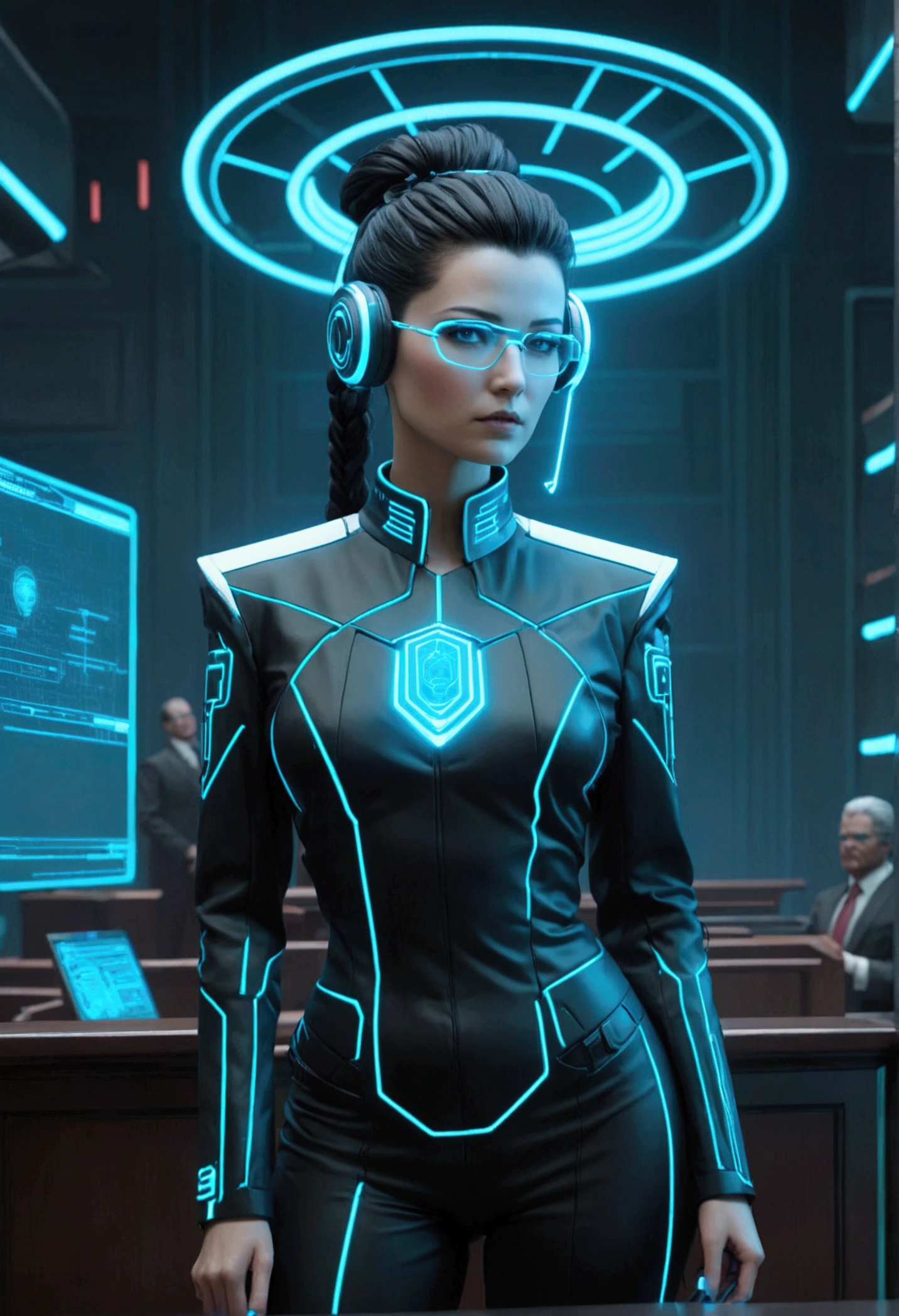 (cyberpunk, courthouse)A virtual lawyer (female, tron style lawyer outfit, health bar over head) is addressing a virtual jury. Health bar titled 'lawyer' over her head, show all of her
