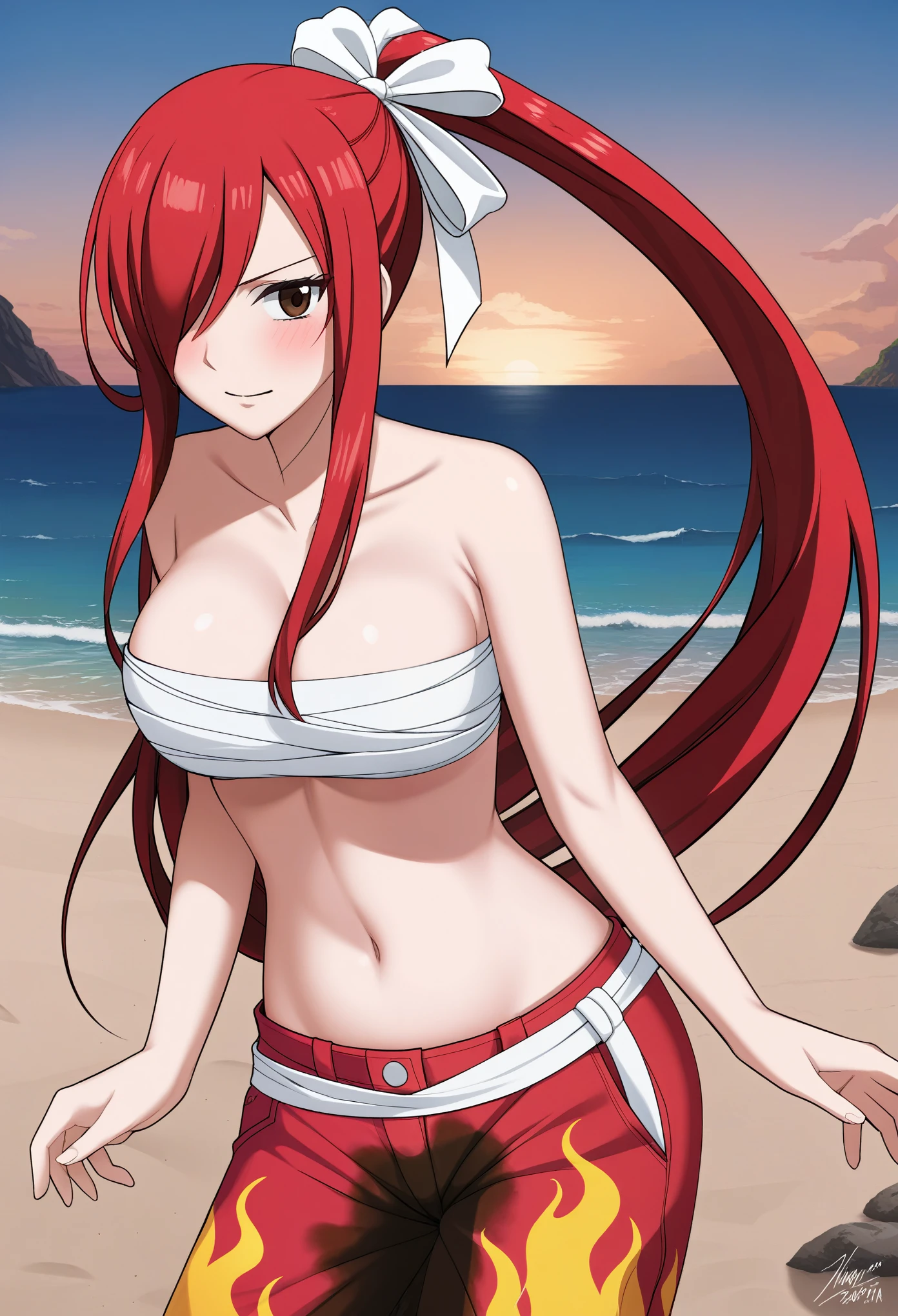 (high quality,Very detailed:1.37, High resolution), Woman, Erza, animerza, red hair, navel, flame pants, collarbone, bare shoulders, cleavage, hair over one eye, large breasts, long hair, bandages, chest sarashi, white ribbon, beach, looking at viewer, brown eyes, ponytail, masterpiece, best quality, (wetting herself:1.5), embarrassed, humiliation, sweating, blushing, standing