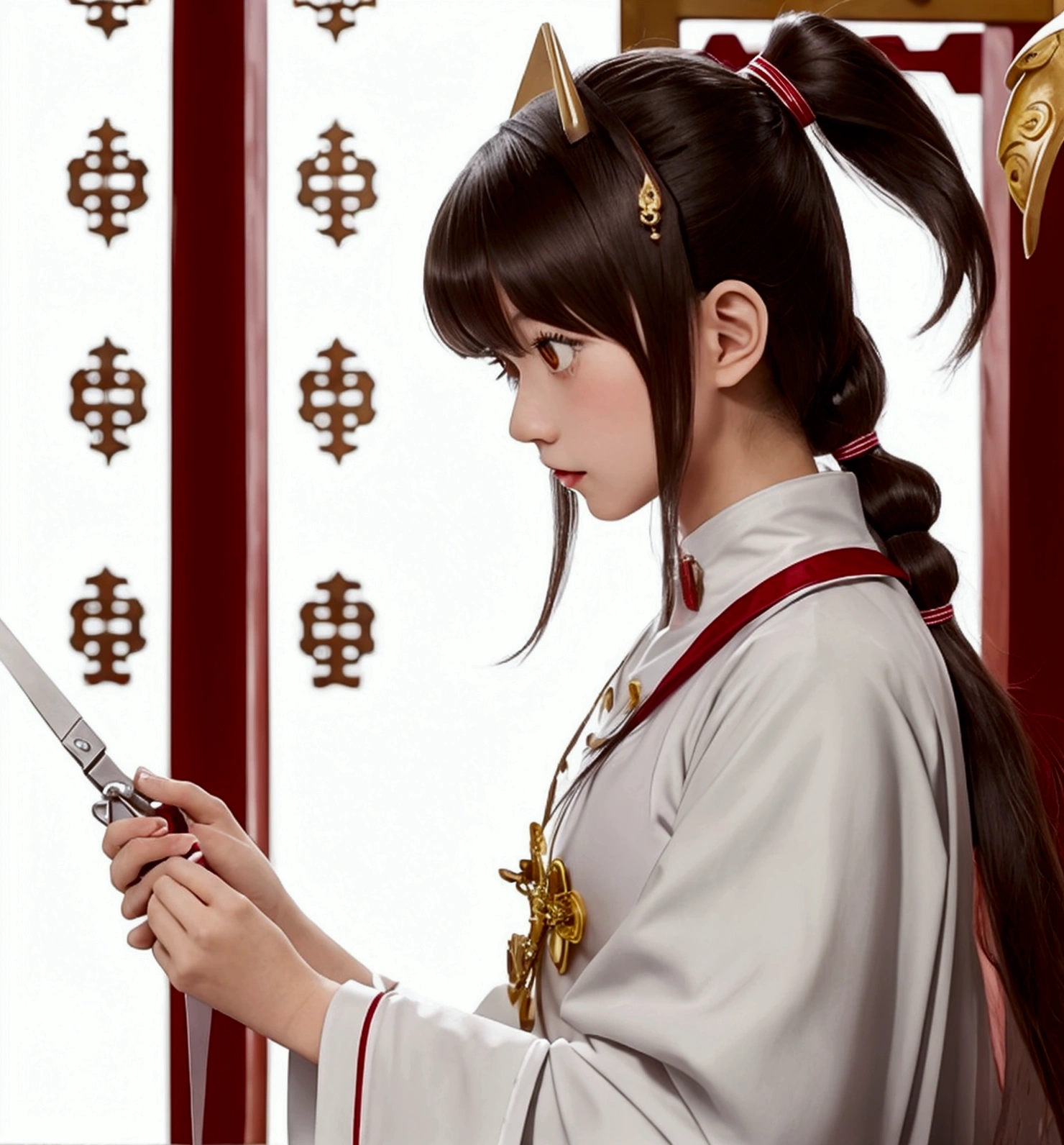 A Japanese female priest、The costume is mainly white with red lines running down the shoulders.、Sideways、Holding a pair of silver sewing scissors、Gold hair ornament on the back of the head、Dark brown hair、Straight Long Hair、In the temple grounds、Upper body close-up