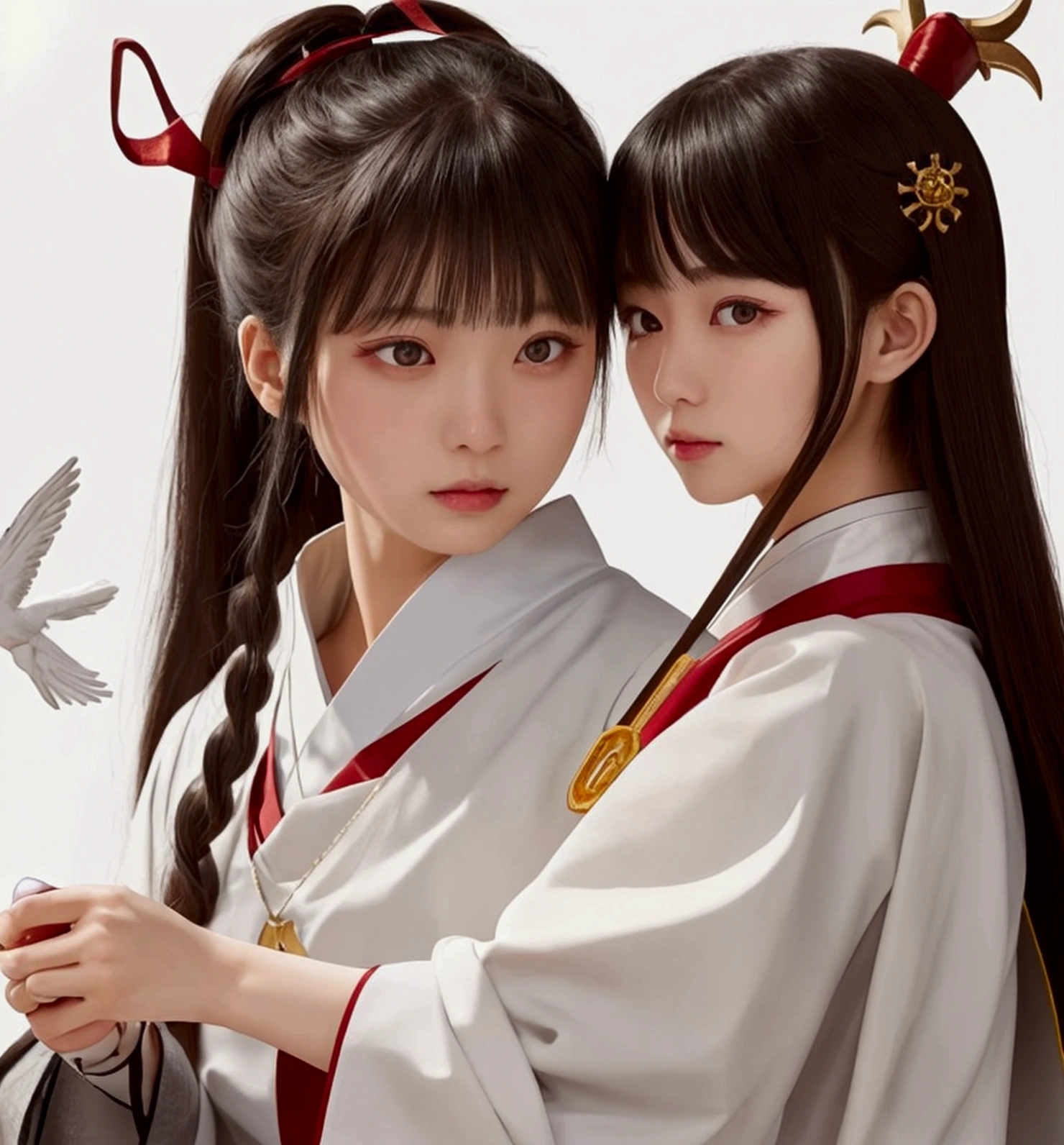 A Japanese female priest、The costume is mainly white with red lines running down the shoulders.、Sideways、Holding a pair of silver sewing scissors、Gold hair ornament on the back of the head、Dark brown hair、Straight Long Hair、In the temple grounds、Upper body close-up