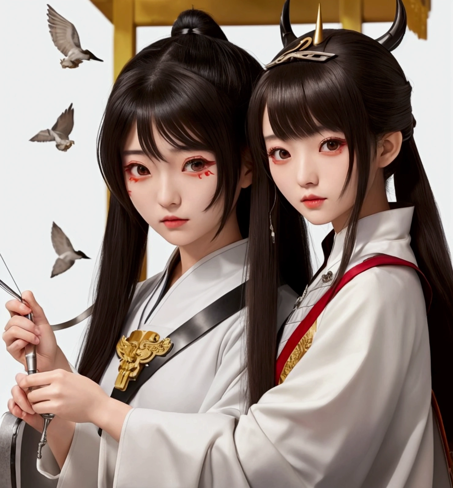 A Japanese female priest、The costume is mainly white with red lines running down the shoulders.、Sideways、Holding a pair of silver sewing scissors、Gold hair ornament on the back of the head、Dark brown hair、Straight Long Hair、In the temple grounds、Upper body close-up