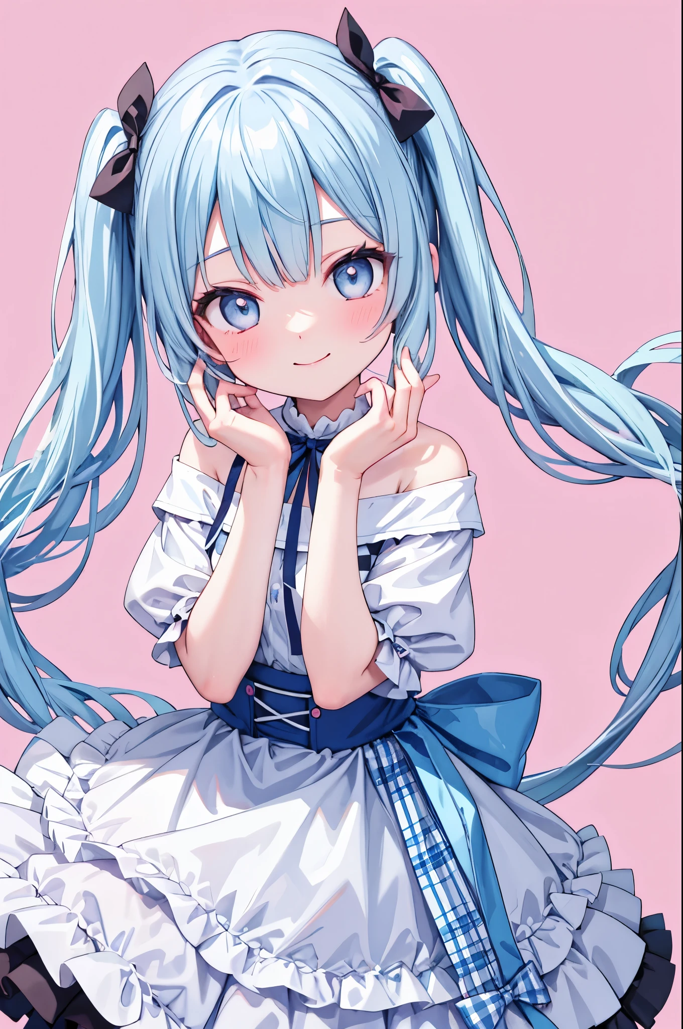 Highest quality,smile,woman,cute,Twin tails,Light blue hair,Light blue eyes,White off-the-shoulder tops,Checkered mini skirt,Pink background,Touching your face with your hands,