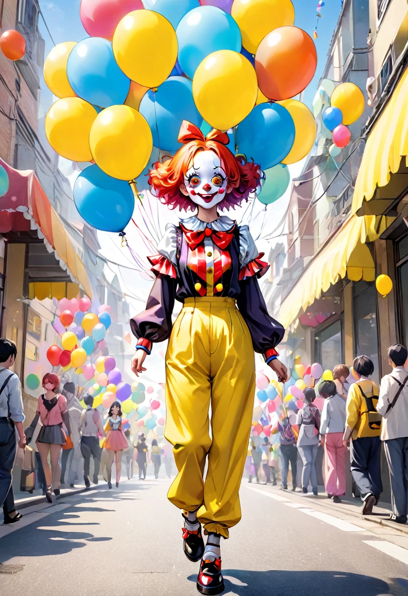 Full body portrait、Young and very beautiful woman、Clown costume、Yellow pants style、Walking、Hands straight down、front、The background is full of balloons、KAWAII,