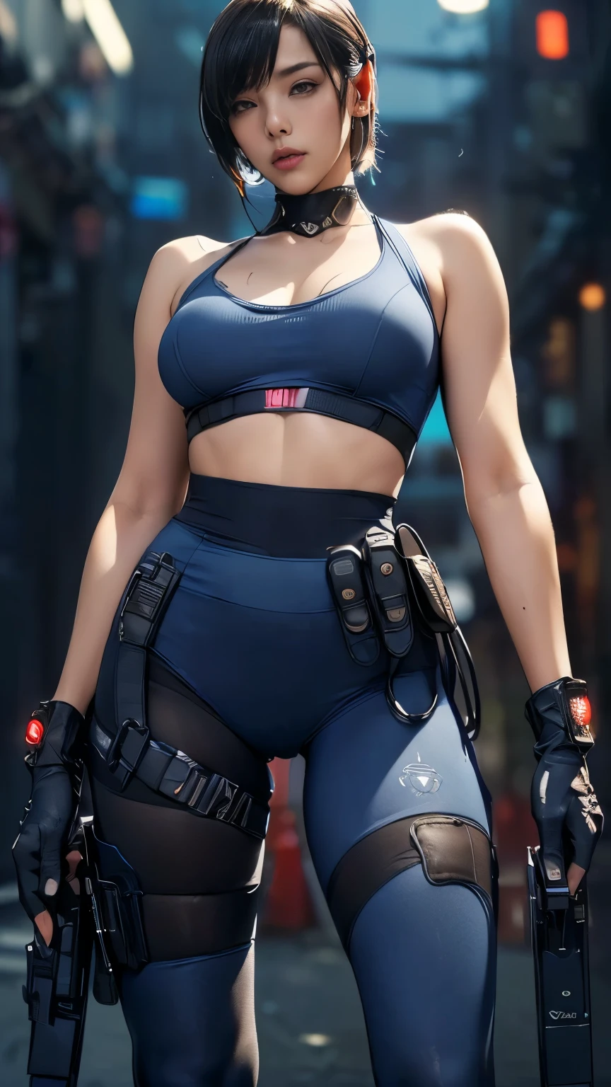 (A woman),(((A female member of the Future Force rides a motorcycle))),((Navy blue tactical high leg tights:1.5)),((earphone:1.5)),((Tactical Holster:1.5)),(Gloves:1.5),(Serious:1.5),(Super short hair:1.5),(bionde:1.5),(beautiful eyes:1.3),(Very detailedな顔:1.5),((Very detailed drawing of a female hand:1.5)),((muscular:1.5)),(Sexy appearance:1.5),((Thick thighs:1.5)),(Beautiful Body:1.5),((Very sensual:1.5)),(Background is hanger:1.5),(Cyberpunk atmosphere:1.5),(((Blurred Background:1.5))),(Written border depth:1.5),rest(((masterpiece:1.5),(best quality:1.5),(Very detailed:1.5),(high resolution:1.5),(Practical:1.5),(Practical:1.5),(Delicate depiction),(Carefully drawn))),8k,wallpaper