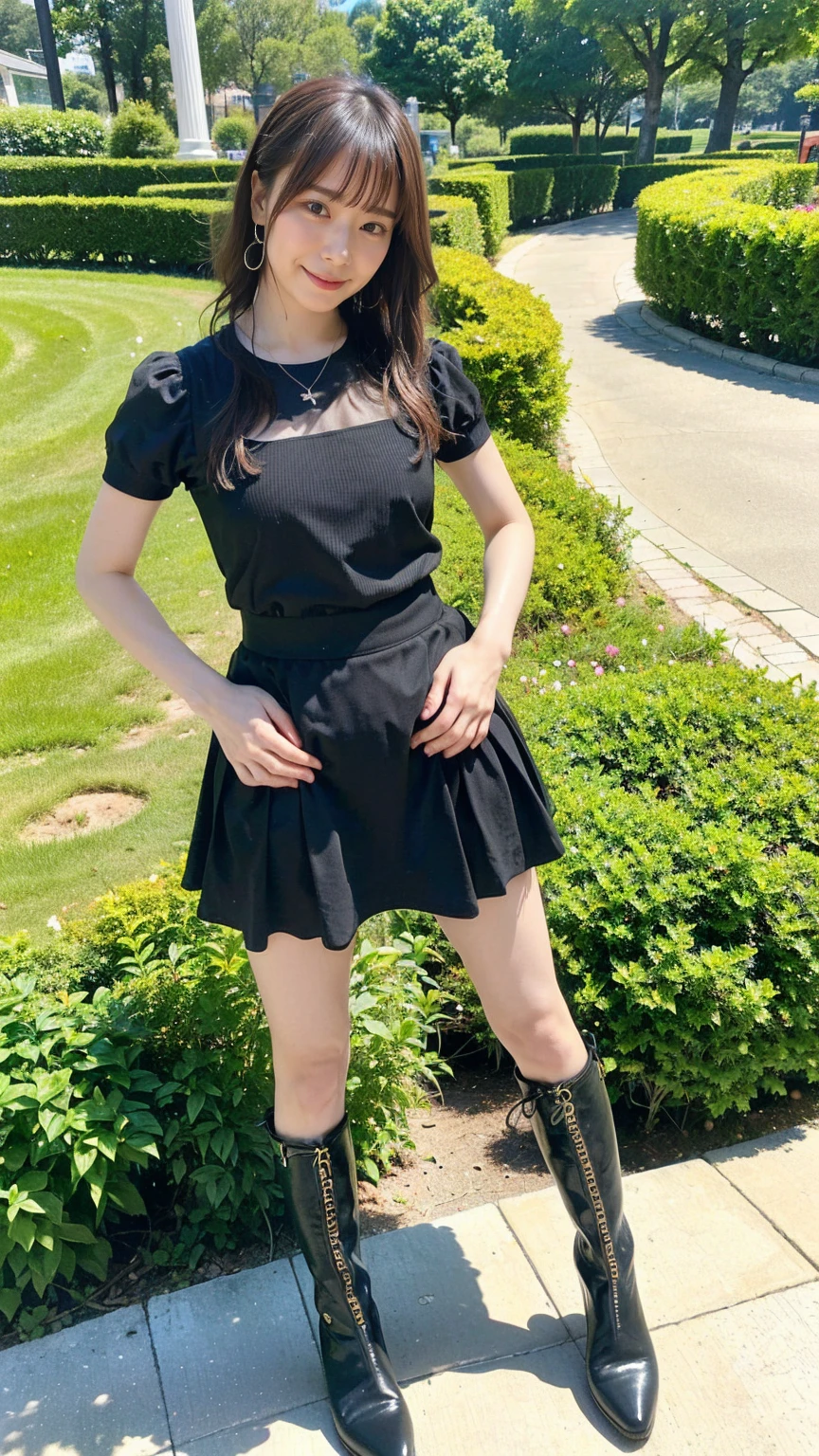 (8k、RAW Photos、Highest quality、masterpiece:1.2)、(Realistic、Realistic)、1 Girl、((Black dresini skirt、Frilledium Hair、smile、whole body、See-through、boots、garden、View from the front、Looking at the camera、Hands on your hips))、cute