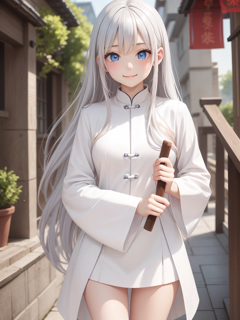 masterpiece, Highest quality, night, Outdoor, rainy days, branch, Chinese style, ancient China, 1 female,  A woman with long silvery white hair, Gray blue eyes, Pale pink lips, cold, Severe, weak, bangs, assassin, Short knife, White clothes, Black clothing pattern, stains,  Injury, rain, Beautiful Face, Beautiful Face,Sensual smile、