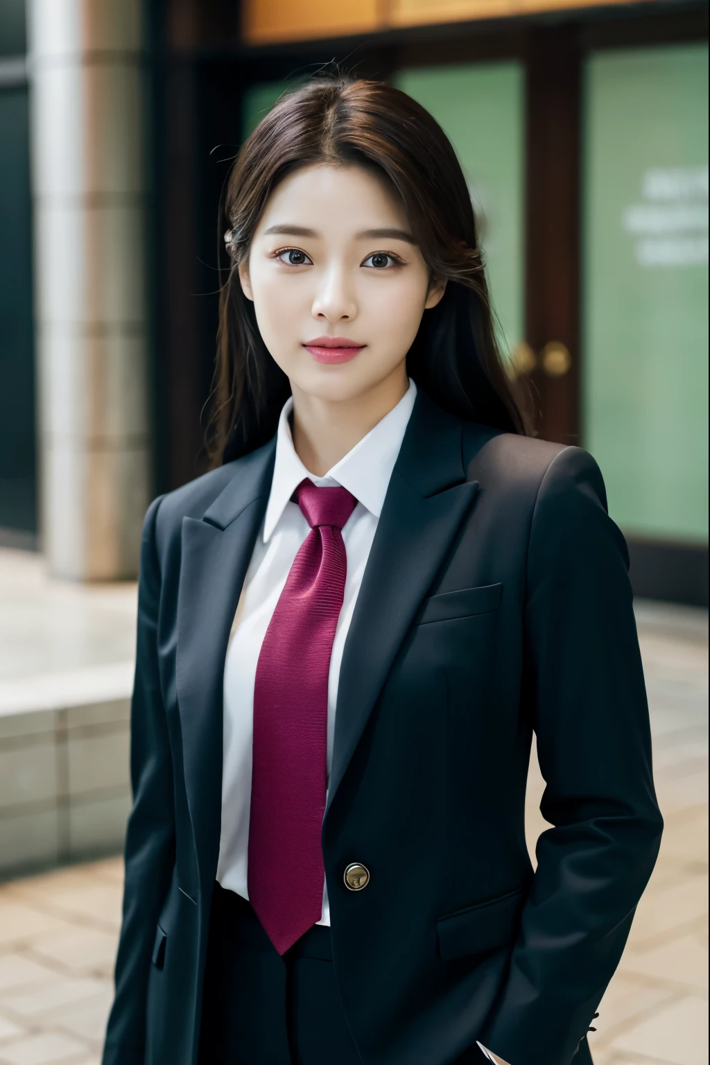 there is a woman in a suit and tie posing for a picture, lee ji-eun, lee ji - eun, heonhwa choe, jaeyeon nam, jiyun chae, kim hyun joo, shin min jeong, hwang se - on, kwak ji young, park ji-min, female actress from korea, gongbi, korean symmetrical face
