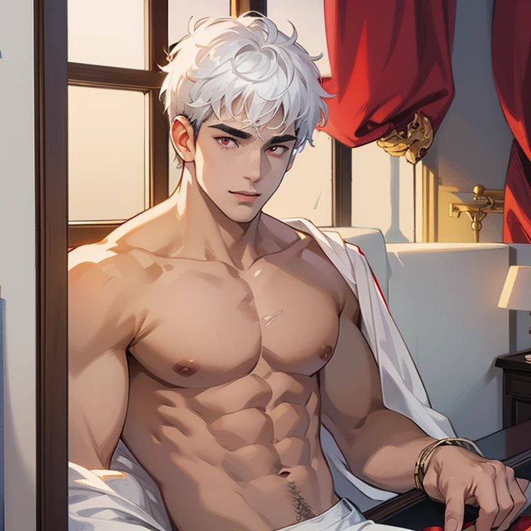 1boy, best quality, detailed face, (detailed eyes:1.3), light-skinned male, white hair, short hair, messy hair, red eyes, happy, shirtless, white jockstrap, muscular male, indoors, hotel