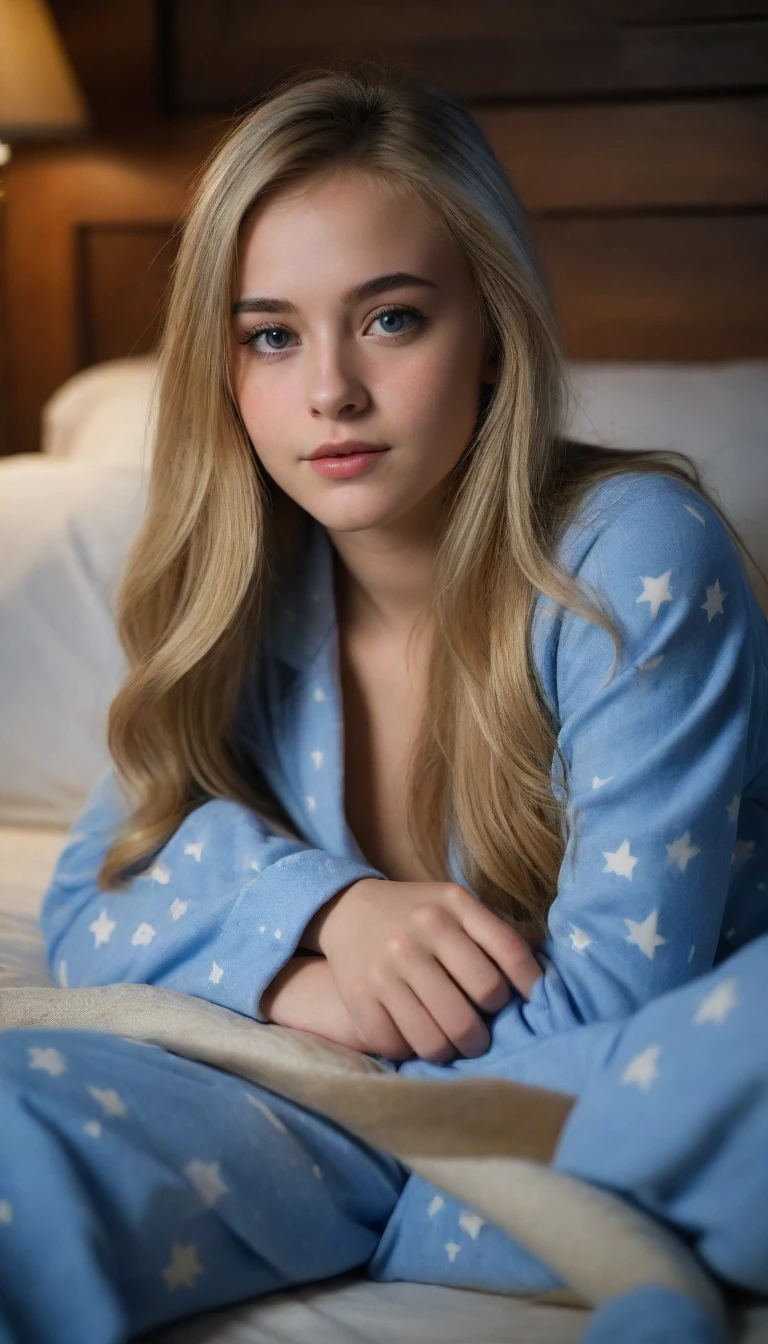 {
Full body picture of a beautiful teenage girl, Elena (13), lying on her bed in a dimly lit bedroom, with her hand inside her pajamas,
camera_angle: {Full body, side view, focusing on Elena},
outfit: {Casual pajamas},
physical_description: {Elena: Slim body, long blonde hair, blue eyes, fair skin, youthful face with an expression of pleasure},
pose: {Elena lying on her bed, her hand inside her pajamas, with an expression of pleasure on her face},
background: {Dimly lit bedroom with a cozy bed, wooden furniture, and soft lighting}
}