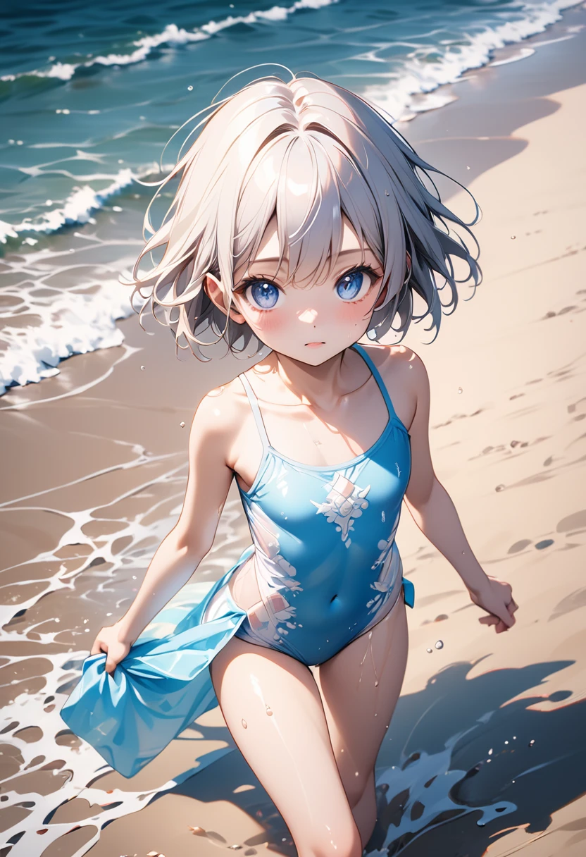 Highest quality, ai-generated,Best Anime 8K Konachan Wallpaper,pixiv Contest Winner,Perfect Anatomy, break,(Please draw a picture of a girl in a Swimwear walking on the beach.),break, 1girl is both ceremonial,(alone, face, 12 years old:1.5),,Complete limbs, Full Finger, short hair,Push your hair back with one hand, amount,Flat Chest, Small Ass, ,Beautiful, detailed eyes, between legs, Wet, Glowing Skin,Swimwear, At the Beach.break,Very detailed,High resolution,Very detailed肌, Professional Lighting, figure,