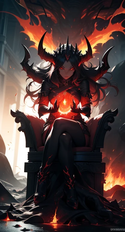 (best quality,4k,8k,highres,masterpiece:1.2),ultra-detailed,(realistic,photorealistic,photo-realistic:1.37),lava demon queen,demonic presence,fiery,glowing eyes,long flowing hair made of molten lava,sharp fangs and horns,volcanic cave,smoke and sparks emanating from her body,ominous atmosphere,shadows dancing on the walls,hot red and orange color scheme,dynamic lighting casting eerie shadows,fluid and realistic movement of the lava,queenly posture and regal aura,destructive power,commanding presence,molten throne,Satanic symbols,inspiring fear and awe,contrasting cool tones to highlight the fiery character,cracked and burning ground,portraying the strength and dominance of the lava demon queen.