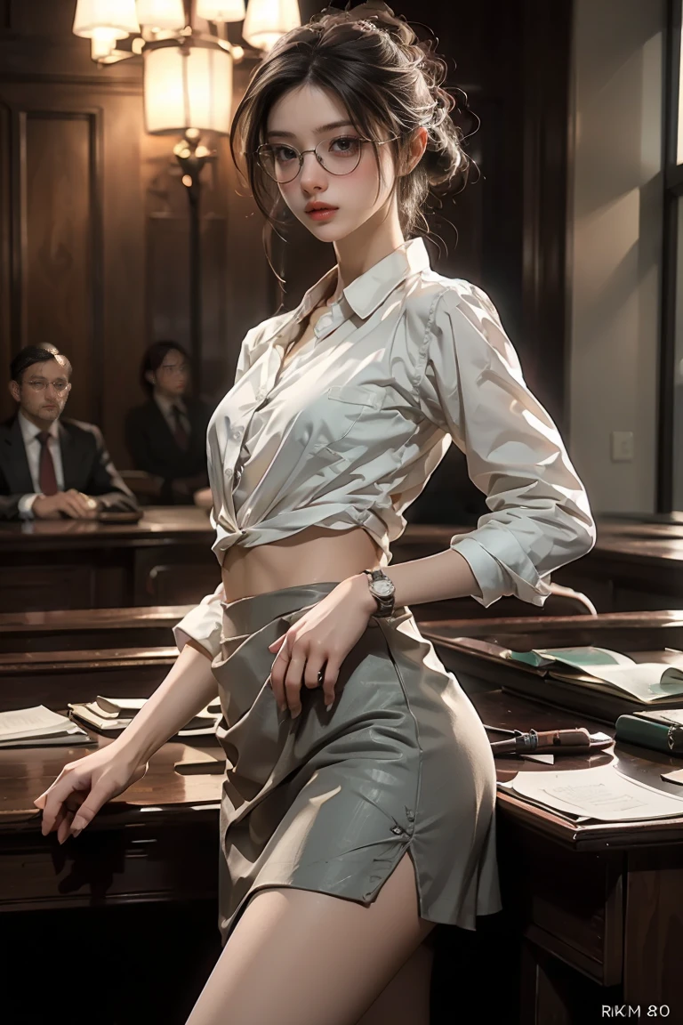 ((Masterpiece, top quality, high resolution, highly detailed CG unified 8K wallpaper, photorealistic, Raw photo, 8K)), (Female lawyer, persuading jurors in court:1.3), wearing black suit, white shirt and tight black skirt, black tights, silver-rimmed glasses and thin watch, small gold badge on left breast of suit, holding bundle of documents in one hand, fountain pen in other hand, view from side, looking down, 