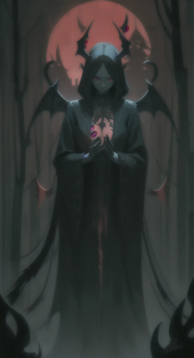 Foggy Forest, demonic silhouette, fairy shadow figure, red eyes, eyes in the fog, rotting, looking dead, torn wings,