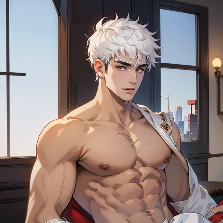 1boy, best quality, detailed face, (detailed eyes:1.3), light-skinned male, white hair, short hair, messy hair, red eyes, happy, shirtless, white jockstrap, muscular male, indoors, hotel