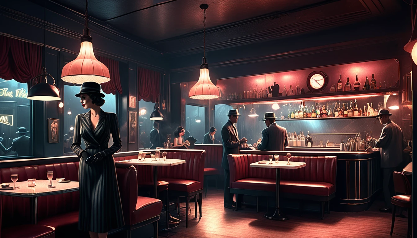Interior of a very smoky vintage Parisian jazz club at night, The soft light of the pendant light、Young couple engrossed in dancing。 A tranquil and enchanting atmosphere, 3D Rendering, To create a realistic yet fantastical scene、Diner scene with detailed textures and lighting, film noir jazz bar, drawn in a neo - noir style, neo - noir style, Neo-Noir Setting, neo noir style, inspired by f.. scott hess, Thomas Dalziel, film noir realistic, inspired by f. scott hess CFGスケール