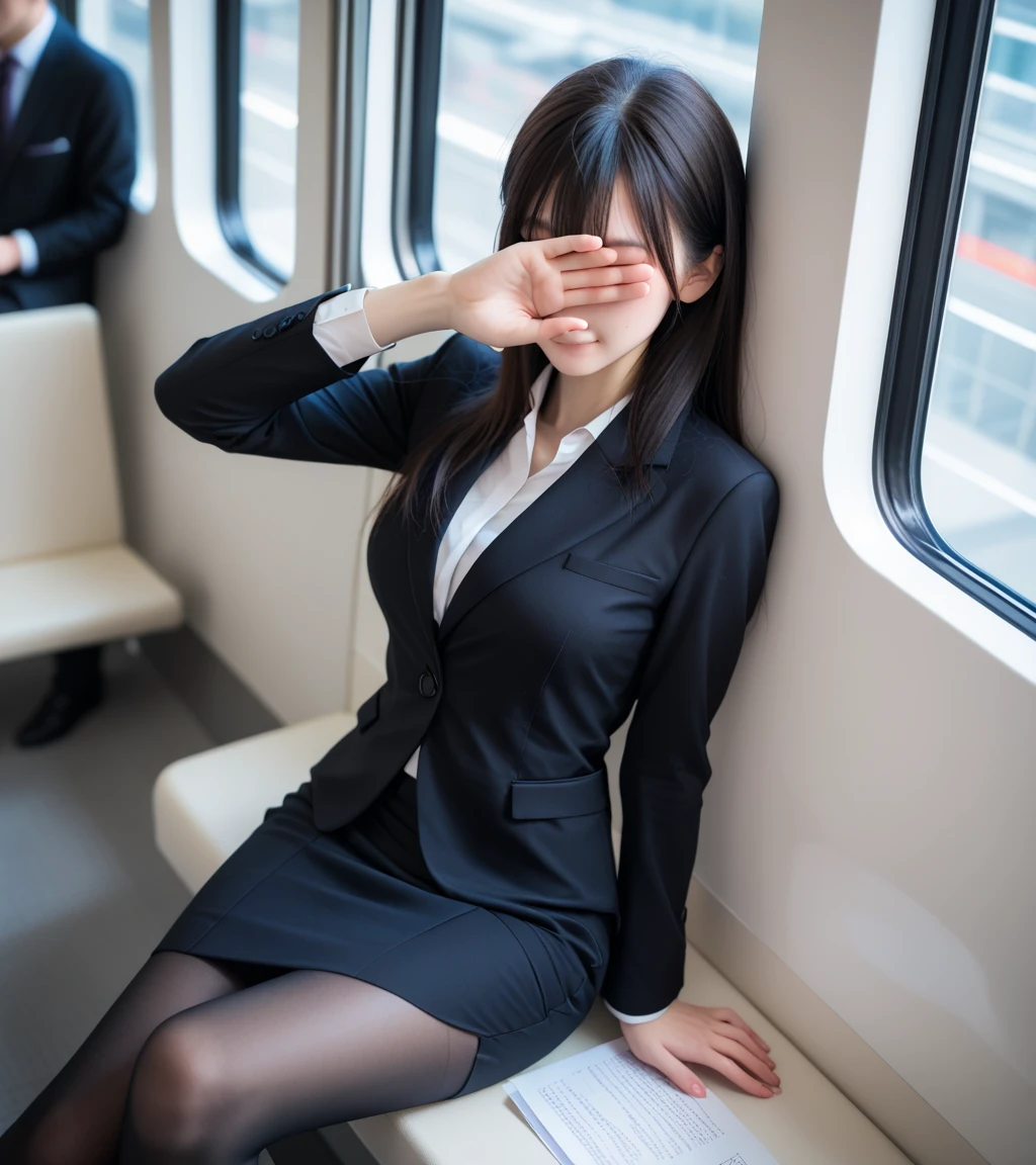 score_9, score_8_up, score_7_up, uncensored, realistic, in train, tokyo, from above,
1girl, cute, japanese, black hair, long hair, bangs, covering eyes, closed mouth, huge breasts, navel, midriff, 
(business suit:1.2), office_uniform, (black suit:1.3), pencilskirt, skin-colored pantyhose, 
sitting seat,  