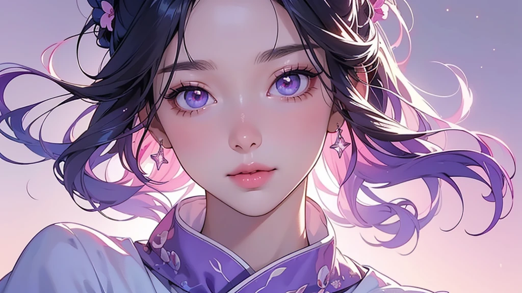 One girl, alone, flower畑, flower, (Official Art, unity 8k wallpaper, Super detailed, beautifully、aesthetic, masterpiece ,Highest quality:1.3), (Floating colorful sparkles:1) , elegant, Vibrant colors, Highly detailed face, Detailed eyes, Glowing Skin, Glossy Lips , Pale purple background,