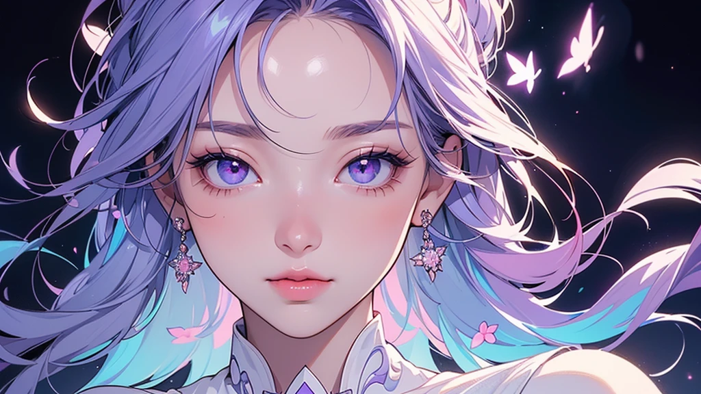 One girl, alone, flower畑, flower, (Official Art, unity 8k wallpaper, Super detailed, beautifully、aesthetic, masterpiece ,Highest quality:1.3), (Floating colorful sparkles:1) , elegant, Vibrant colors, Highly detailed face, Detailed eyes, Glowing Skin, Glossy Lips , Pale purple background,