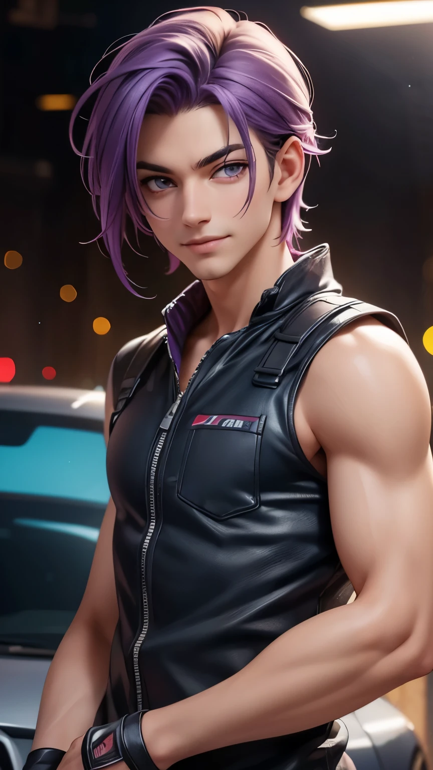 a handsome young man, purple hair, mechanic profession, looking at camera, beautiful smile, car or workshop background, best quality,4k,8k,highres,masterpiece:1.2,ultra-detailed,realistic,photorealistic,photo-realistic:1.37,HDR,UHD,studio lighting,ultra-fine painting,sharp focus,physically-based rendering,extreme detail description,professional,vivid colors,bokeh,portrait,photography