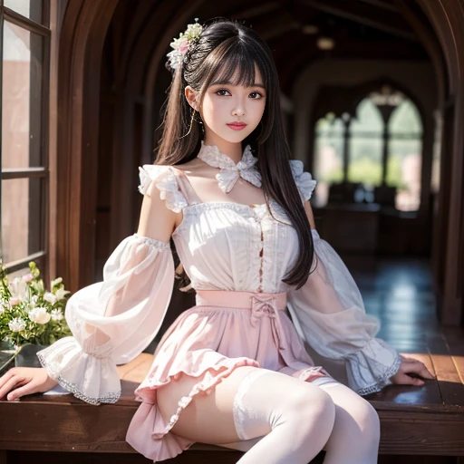 best quality, masterpiece, lifelike, 1 girl, solitary, eternity, black hair, Long curly hair, Bangs, laugh out loud, Layered lace skirt, Puff sleeves, Wide sleeves, Transparent sleeves, flower, Detailed Background, Delicate face,pink blush,White,knee socks, cold,lots of lace,((masterpiece))、(top quality)、8k、high detail、Super detailed、 21 years old female,masterpiece、born、intricate details showcase the ruffles and intricate designs of the Lolita dress、Fair、magic、realism、Visual effects、FXAA、SSAO、Shader、voiceless、ambient lighting、Tone mapping、High resolution、Ultra high quality、Million pixels、(8k resolution:1.10)、8k resolution、high detail、intricate details、 (high quality:1.2、masterpiece:1.2、:1.21)、(21 years old female),Hair accessories are not allowed, smile very happily,Short skirt,Underwear looming,outdoor