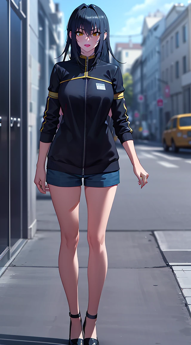 professional art, details Intricate, field of vision, sharp focus, detailed painting, photorealistic lighting, trends on Pixiv, (work of art:1.0),(better_品質:1.0), ultra high resolution,4K,ultra detali, fot, 8k, HDR, high resolution, absurderes:1.2, 400 for Kodak door, film grain, nblurry background, bokeh:1.2, Lens flare, (Vibrant_Farbe:1.2), 
(Annerose:1), 1 girl, mature female, (Bblack hair:1.4), long hair, yellow  eyes, breasts big, body superior, Glossy clothing, firm skin, hair intake, breasts covered, guest pose, looking ahead at viewer, side , glad, pretentious smile, Short pants,
Simple plain white background, (standing alone:1.5),