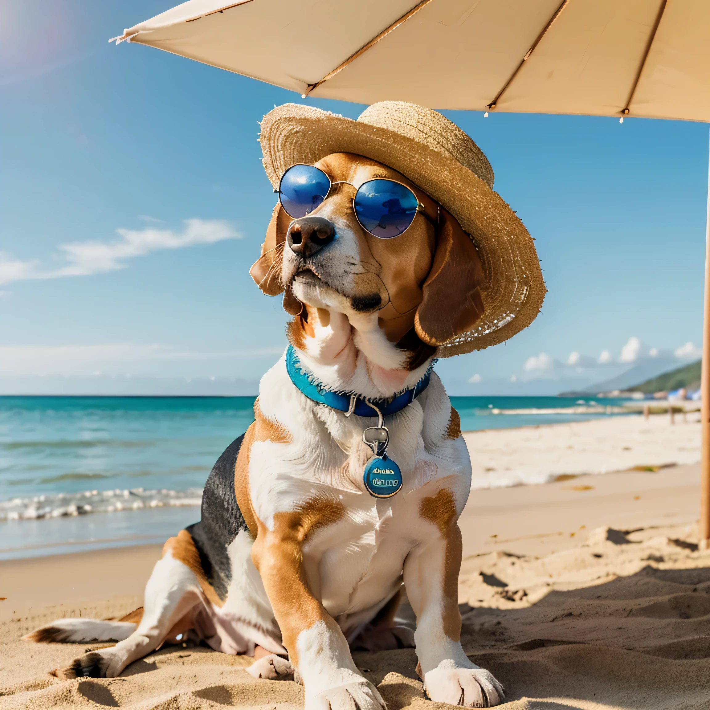 A beach scene with a perfect detailed beagle dog sitting on the sand. The beagle is wearing sunglasses and a straw hat, with a refreshing drink next to it. The background includes the ocean and a bright, sunny sky. The beagle looks relaxed and happy with a smile, capturing the essence of a summer vacation, consider golden ration for composition of the image, perfect detailed fur, complementary colors, Canon EOS R3, 35mm, UHD, HDR, 8K, volumetric, (Masterpiece:1.4), (Best Quality:1.4), Warm lighting, highlight shadows, dodge and burn, Warm Lighting applied on silhouette, High Contrast, High Definition, (Hyperrealistic:1.4)