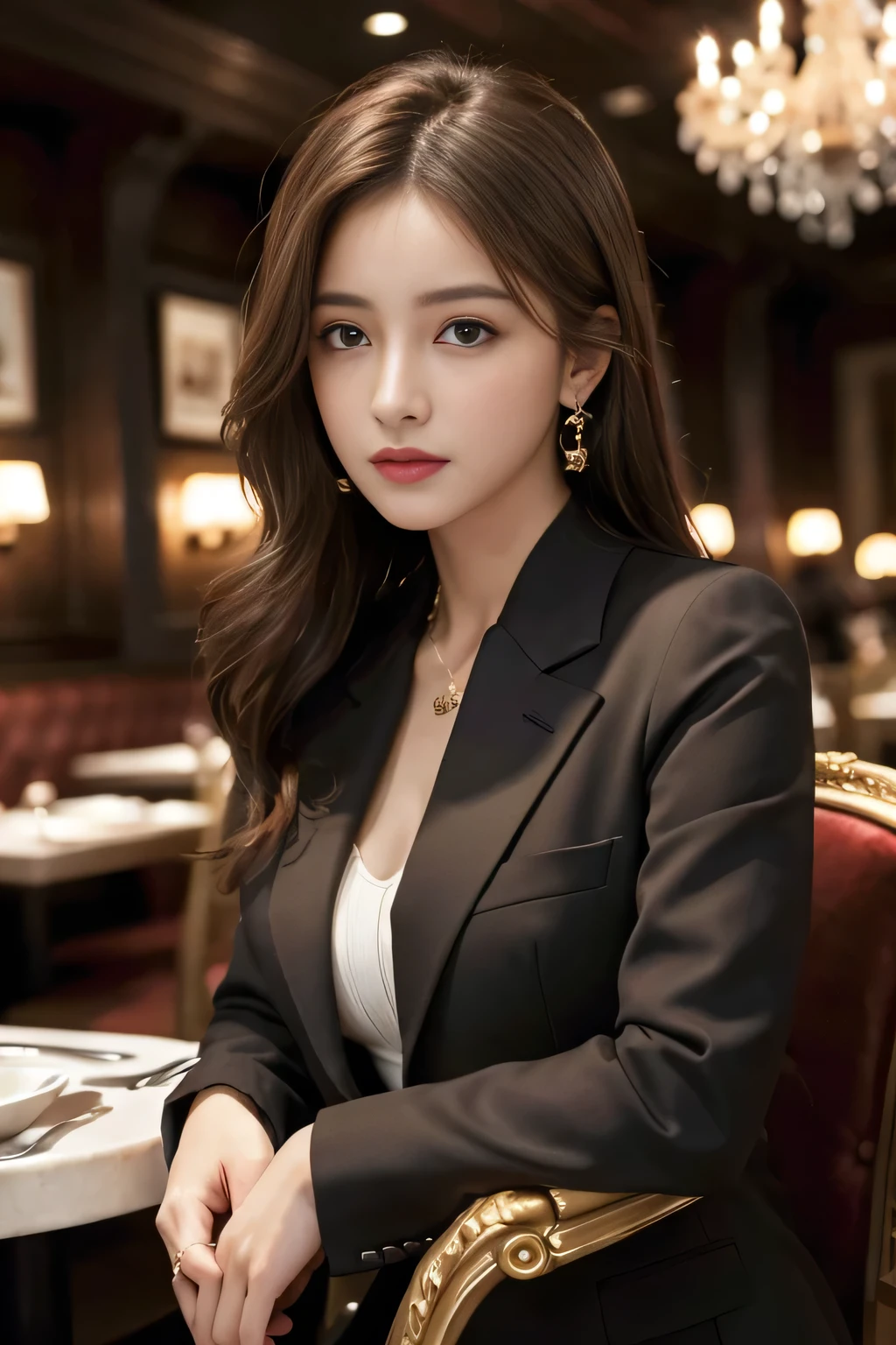 masterpiece, Highest quality, Realistic, Very detailed, Finer details, High resolution, 8k wallpaper, One beautiful woman, Wear a nice suit, In a great restaurant, At night, Light brown messy hair, Perfect dynamic composition, Beautiful and beautiful eyes、Big earrings、Sit on a chair、