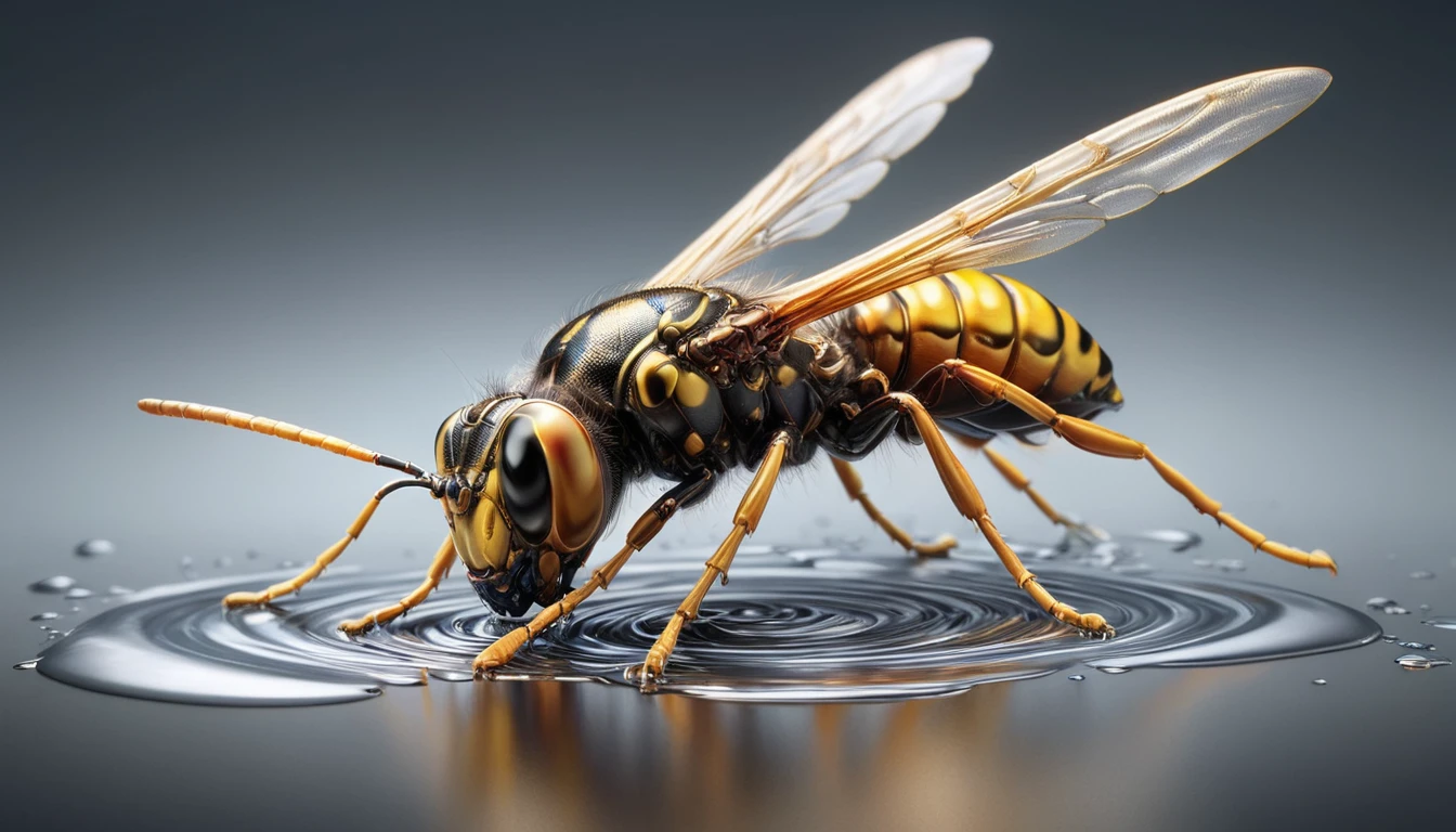(mercury composed of one Colorful wasp :1.8)rising from a puddle of liquid mercury, extremely shiny, smooth surface texture, polished surface, reflective, 45 degrees angle from the front, tesselation ral-chrome, Photorealistic, Hyperrealistic, Hyperdetailed, analog style, detailed skin, matte skin, soft lighting, subsurface scattering, realistic, heavy shadow, masterpiece, best quality, ultra realistic, 8k, golden ratio, Intricate, High Detail, film photography, soft focus
