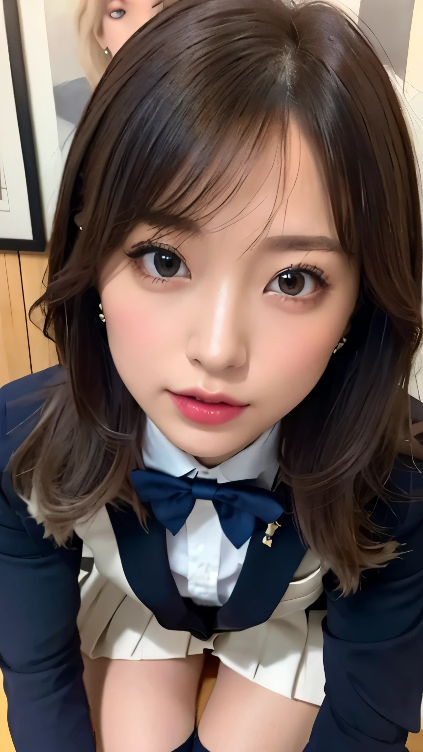 (hig彼st quality、8k、32K、masterpiece)、(Realistic)、(Realistic:1.2)、(High resolution)、Very detailed、Very beautiful face and eyes、1 girl、Delicate body、(hig彼st quality、Attention to detail、Rich skin detail)、(hig彼st quality、8k、Oil paints:1.2)、Very detailed、(Realistic、Realistic:1.37)、Bright colors、Full Body Shot, ((high school girl:1.6, Navy Blazer:1.6, Navy pleated mini skirt)), (Closed blazer, Grey bow tie, White collared shirt, Black thigh-high socks)