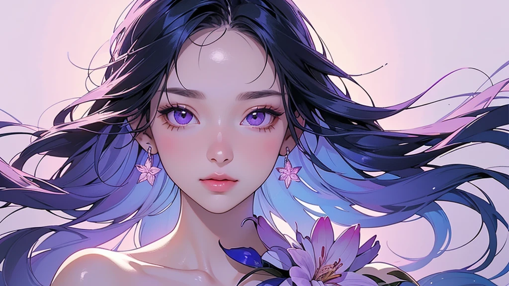One girl, alone, flower畑, flower, (Official Art, unity 8k wallpaper, Super detailed, beautifully、aesthetic, masterpiece ,Highest quality:1.3), (Floating colorful sparkles:1) , elegant, Vibrant colors, Highly detailed face, Detailed eyes, Glowing Skin, Glossy Lips , Pale purple background,
