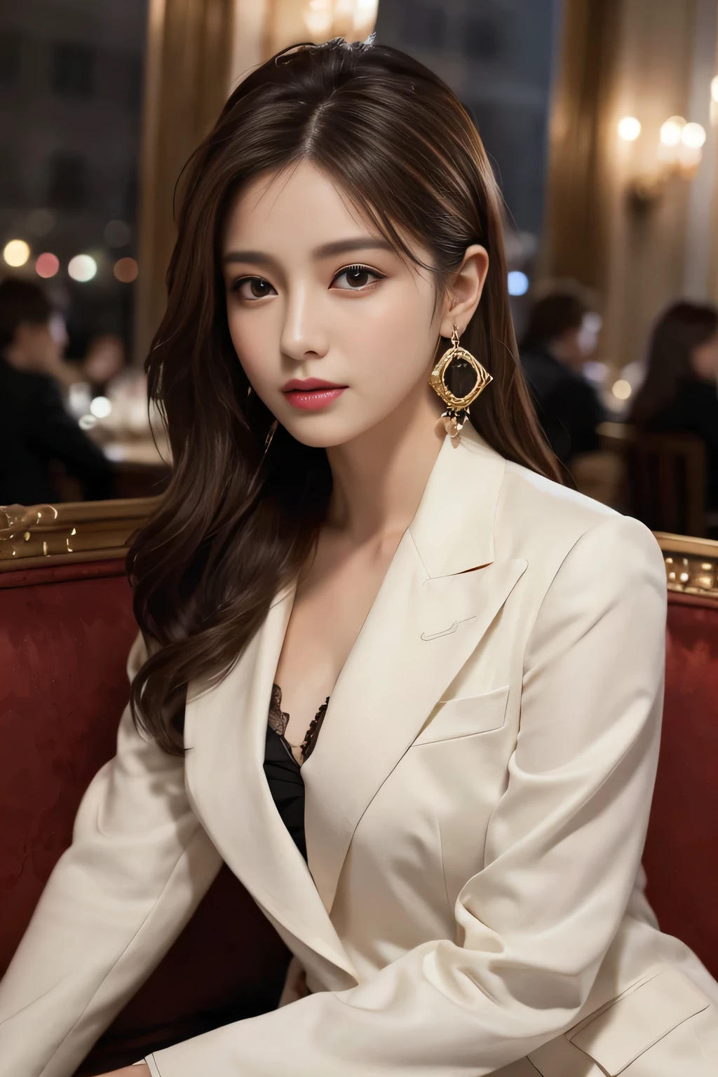 masterpiece, Highest quality, Realistic, Very detailed, Finer details, High resolution, 8k wallpaper, One beautiful woman, Wear a nice suit, In a great restaurant, At night, Light brown messy hair, Perfect dynamic composition, Beautiful and beautiful eyes、Big earrings、Sit on the sofa、