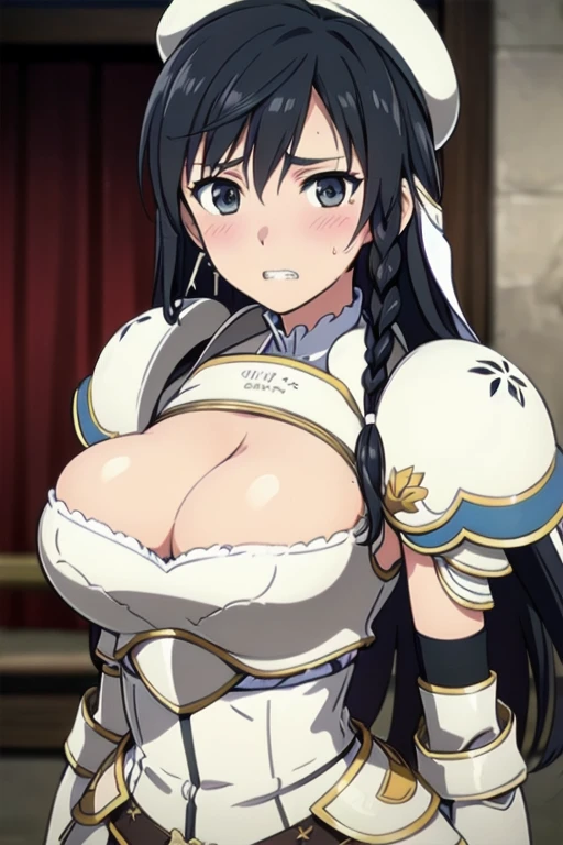 Sonia Blanche, cross earrings, hair ornament, veil, armored dress, pauldrons, breastplate, gauntlets, belt, skirt, greaves, (white beret), 1girl, solo, upper body, big breasts, facing viewer, looking at viewer, aroused facial expression, clenched teeth, blush, sweat, close-up, blurry background