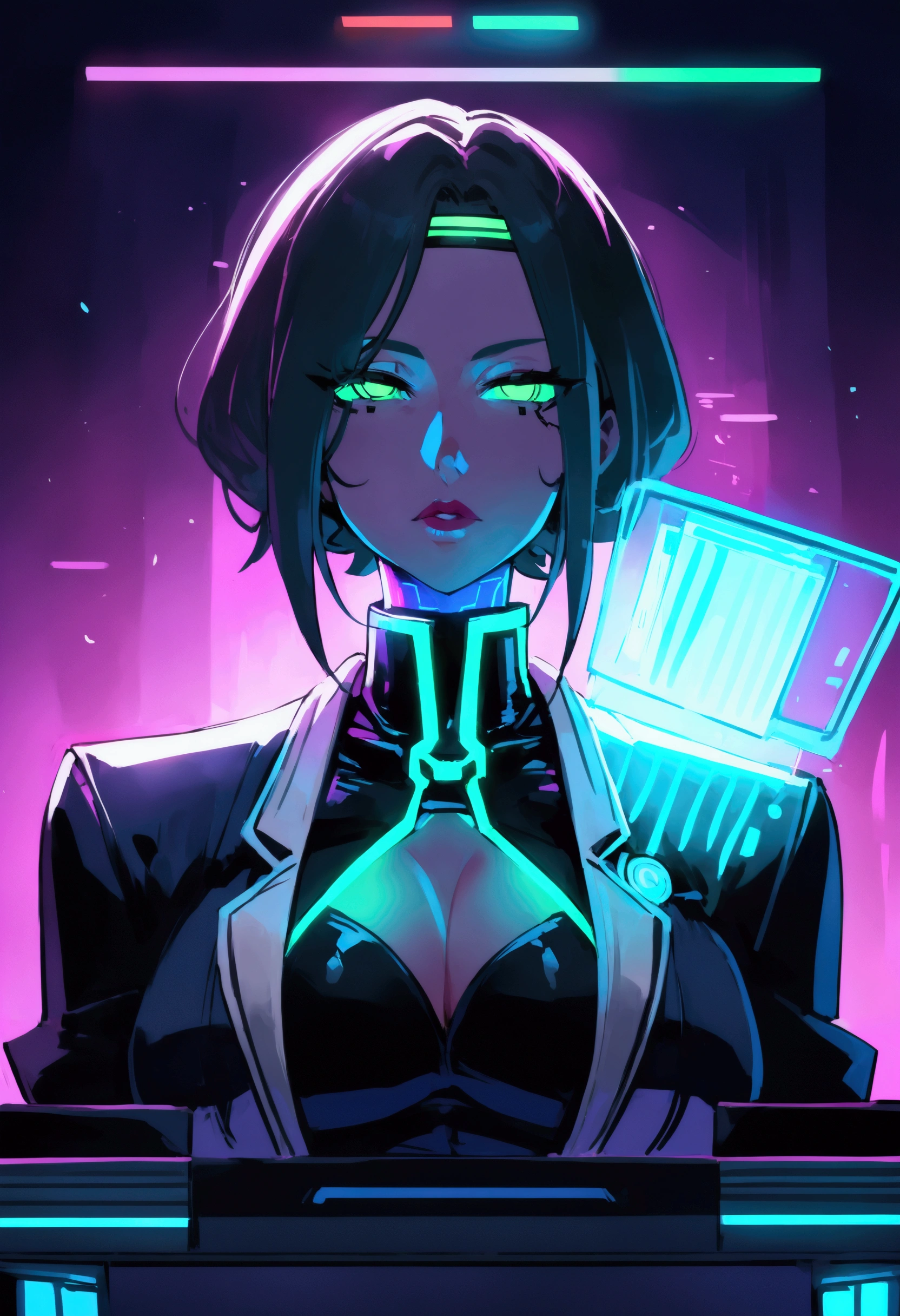 (cyberpunk, courthouse)A virtual lawyer (female, tron style lawyer outfit, health bar over head) is addressing a virtual jury. Health bar titled 'lawyer' over her head, show all of her
