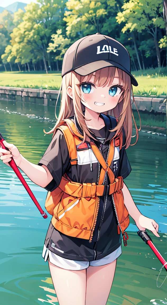 One Girl, 10 years old, , cute, alone, Grin, Mischievous Smile, Flat Chest, cute children fashion,Fishing in the river,Fishing rods and reels,Wearing a life jacket,Wear a baseball hat,