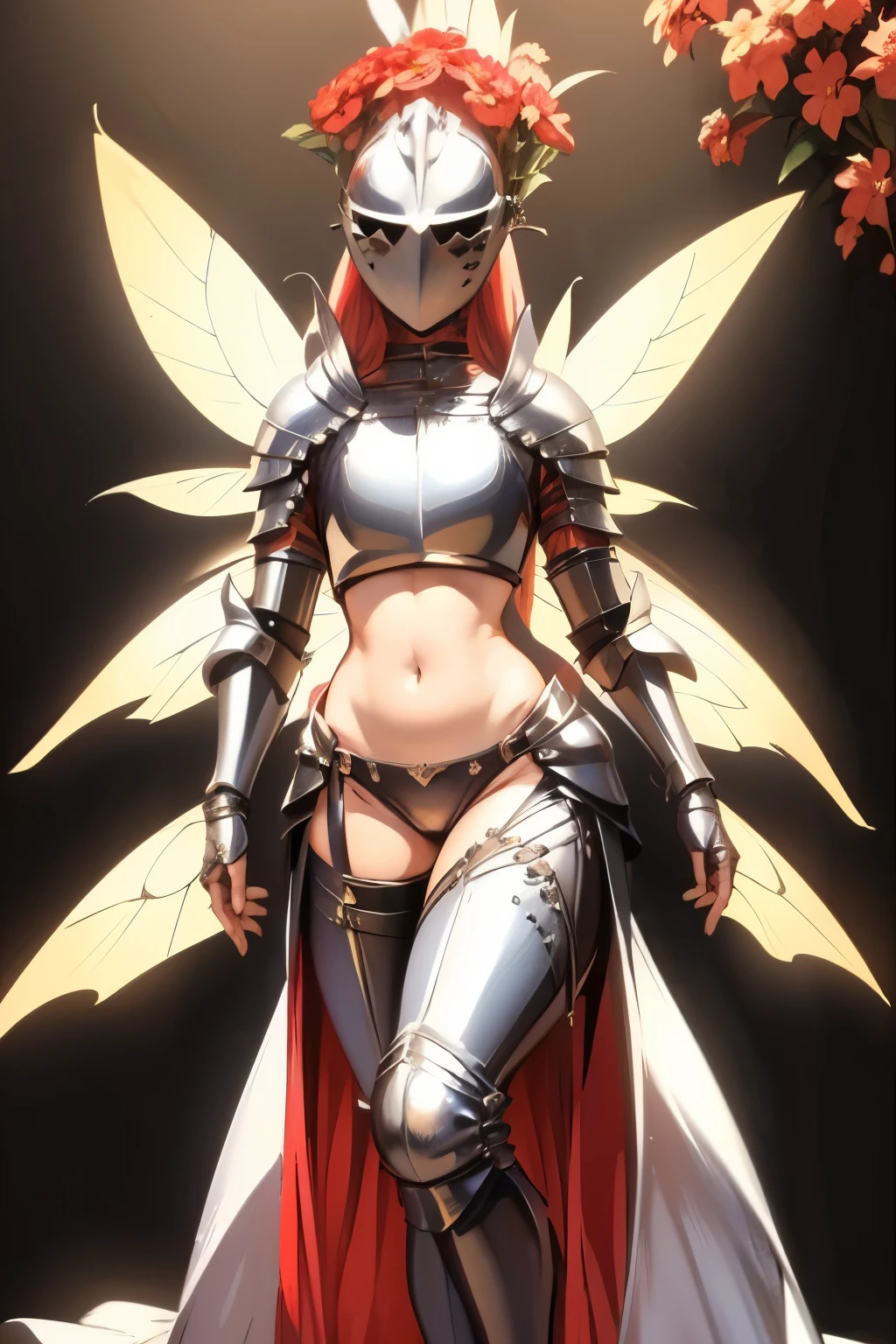 masterpiece, best quality, butterfly wings, (full body, full armor), kardiaofrhodes, helmet, plume, gauntlets, thighhighs, (tassets:1.5), navel, breastplate, wide hips, (queen of fairy, with ornaments and flowers on top, flowers background:1.2)