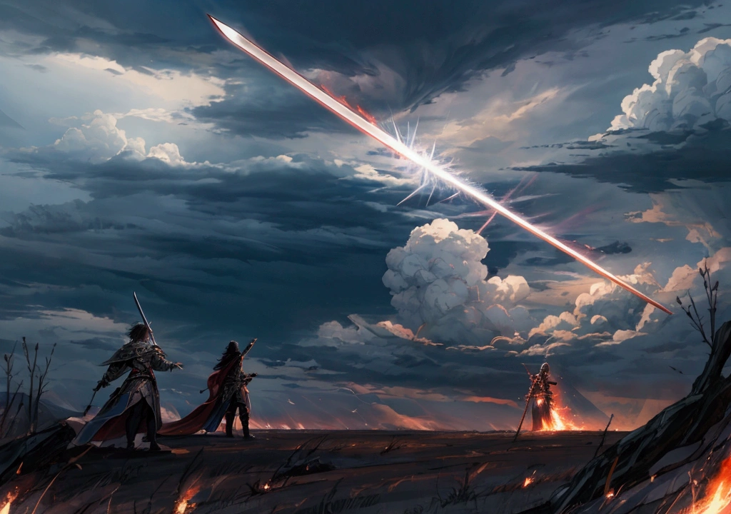 A sword pierced by the earth and struck by thunder, Battlefield, thunder sword, legendary sword, dark clouds sky