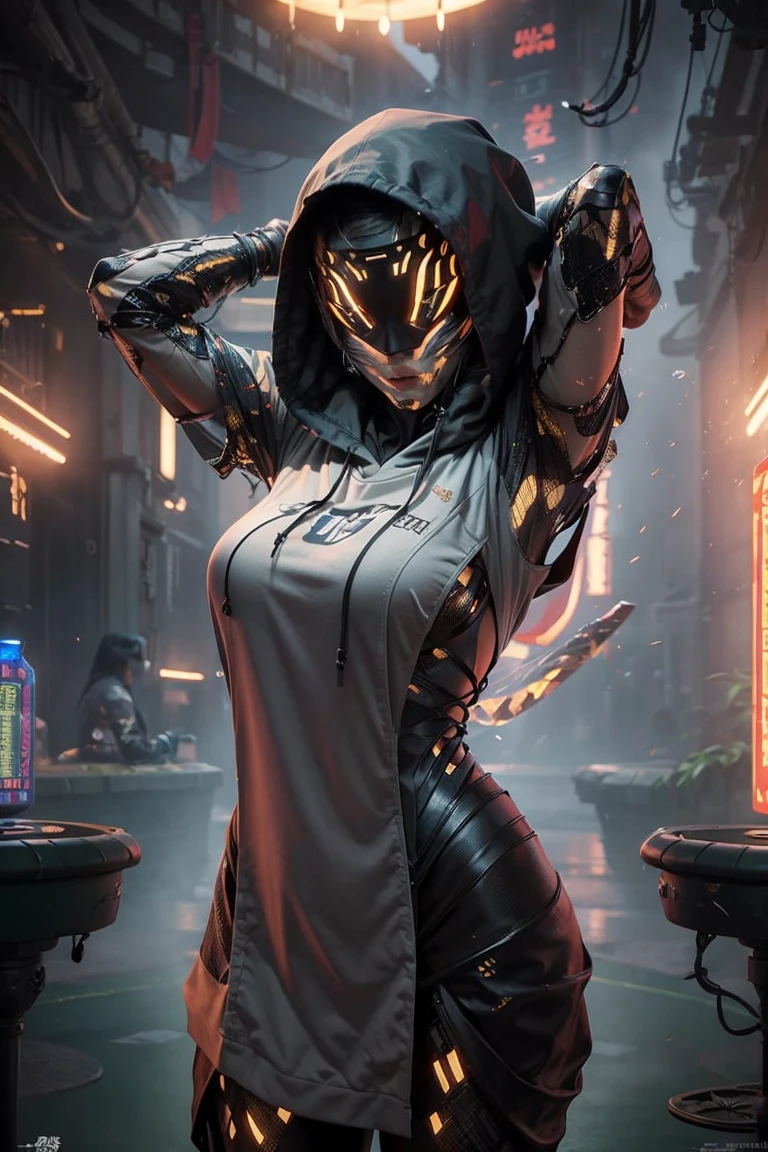 a katana in her hand, combat stance,