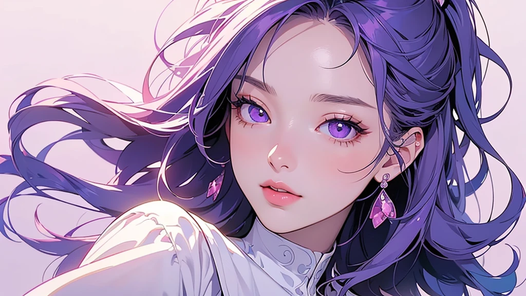 One girl, alone, flower束, flower, (Official Art, unity 8k wallpaper, Super detailed, beautifully、aesthetic, masterpiece ,Highest quality:1.3), (Floating colorful sparkles:1) , elegant, Vibrant colors, Highly detailed face, Detailed eyes, Glowing Skin, Glossy Lips , Pale purple background,