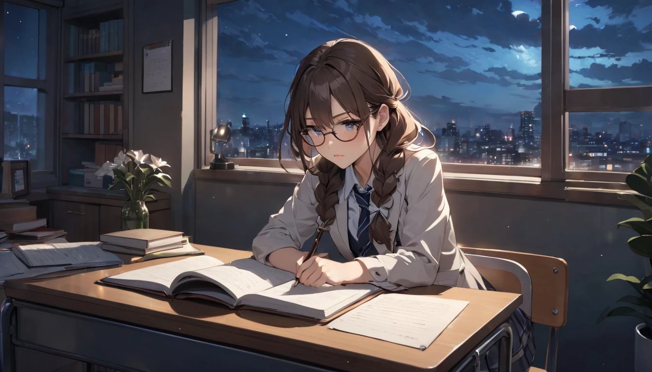 Highest quality,high school girl,Glasses,Braid,Brown Hair,study,Concentrated face,on the desk,Inside the room,Large windows,Night view