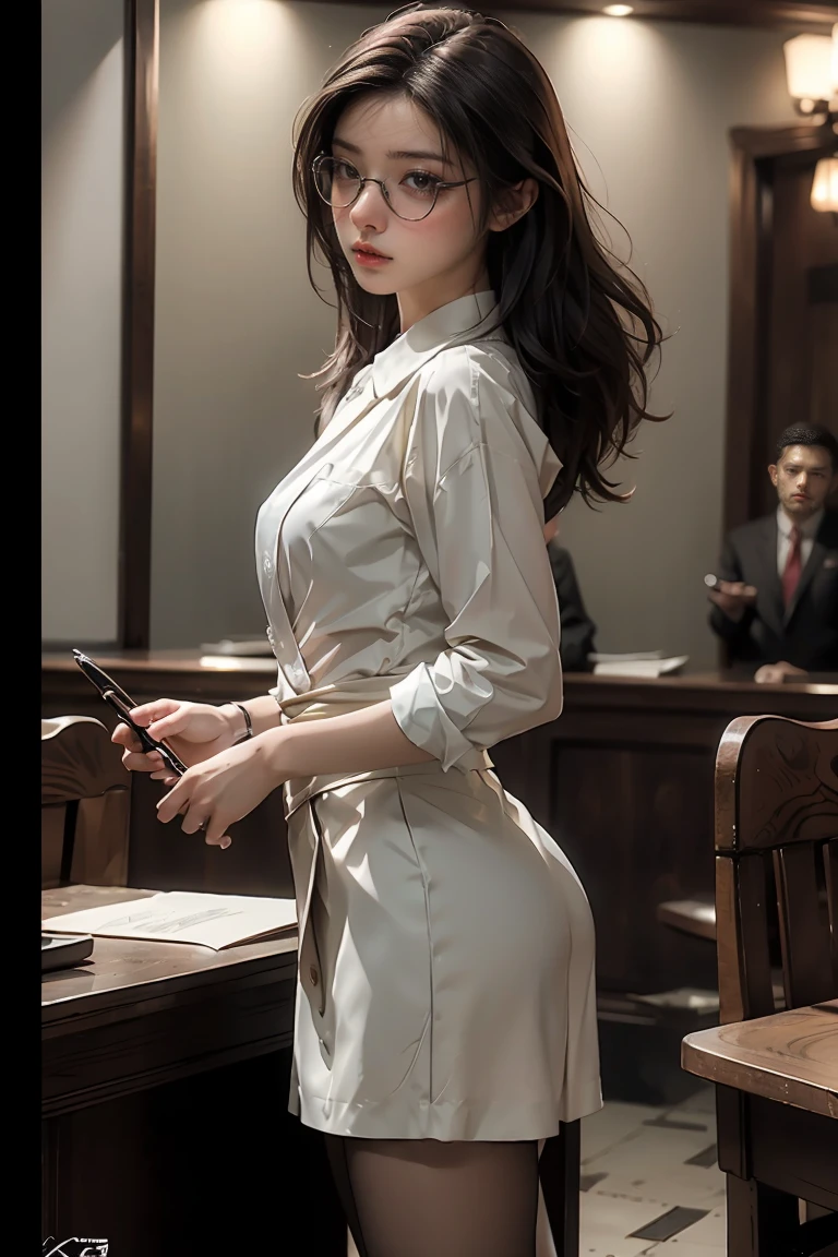 ((Masterpiece, top quality, high resolution, highly detailed CG unified 8K wallpaper, photorealistic, Raw photo, 8K)), (Female lawyer, persuading jurors in court:1.3), wearing black suit, white shirt and tight black skirt, black tights, silver-rimmed glasses and thin watch, small gold badge on left breast of suit, holding bundle of documents in one hand, fountain pen in other hand, view from side, looking down, facing away,