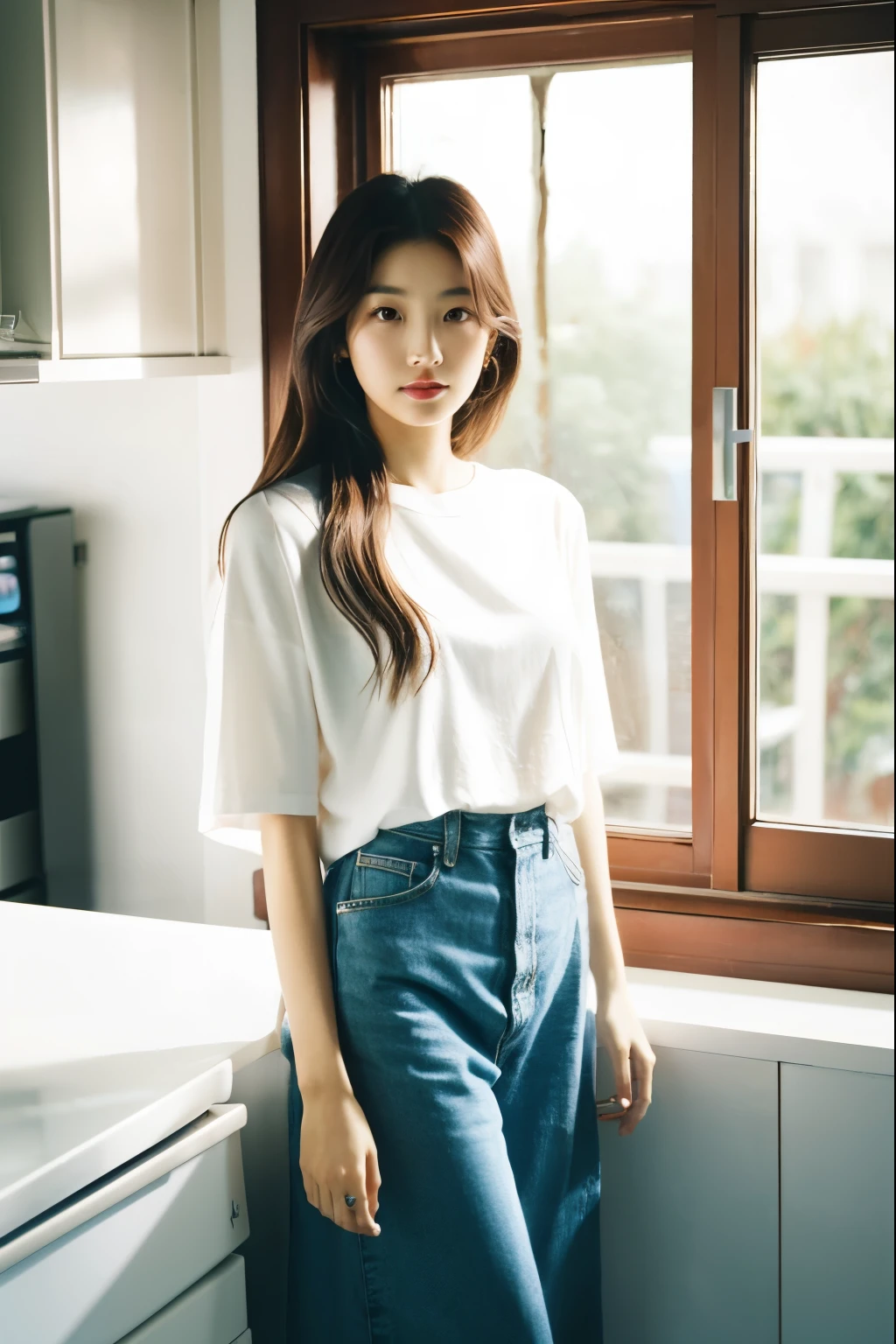 araffe woman standing in a kitchen next to a window, korean women's fashion model, bae suzy, beautiful south korean woman, korean girl, blackpink jennie, casual clothing style, gorgeous young korean woman, white trendy clothes, with apple, ulzzang, beautiful young korean woman, korean woman, simple clothes, dressed in a white t shirt