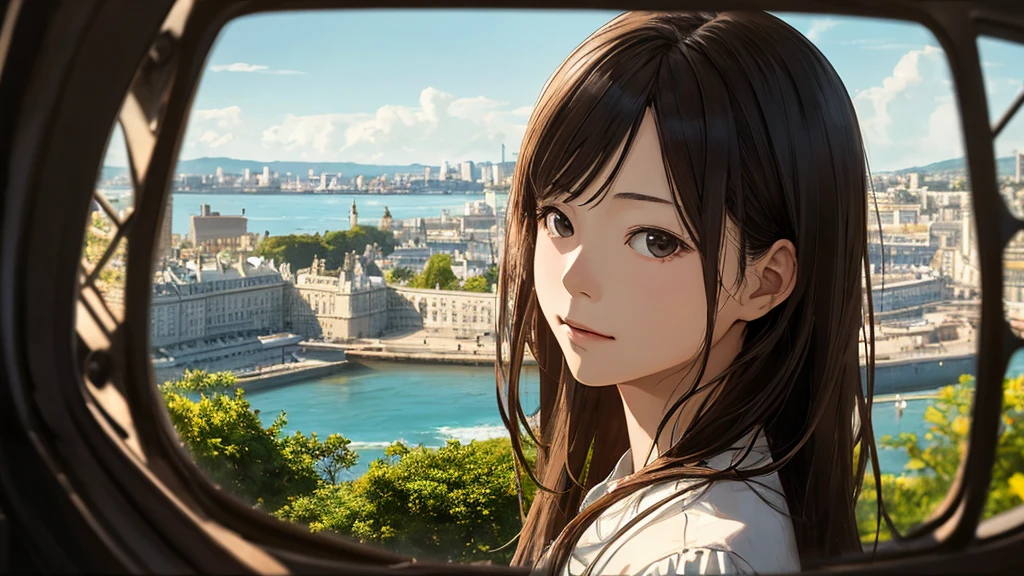 Shiraishi Mei, Looks exactly like Shiraishi Mei,Oceanの方を向いている後ろ姿、Woman looking up at the sky ,Long Hair, Dark brown hair, 2 girls, 18-year-old, photograph, Realistic, Highest quality, Detailed face, Strong sunlight, Ocean, Embankment, Detailed Background, Diffused sunlight, Written boundary depth, Bokeh (Highest quality: 1.2), (masterpiece: 1.2), Watch Viewer, one piece, White Theme, ,Vision、(((Panorama:1.2)))