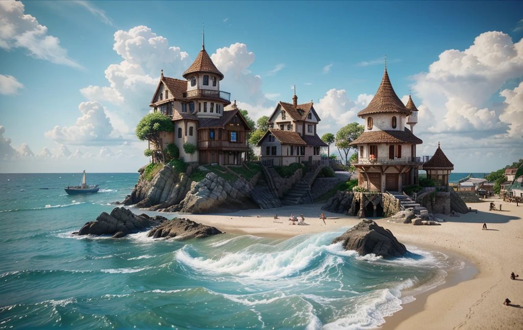 A fantasy painting of a seaside village in the style of Kavachi, Rendering in Cinema4D, spherical, Accurate nautical details, Creative character design, Whimsical cartoon style, 32k ultra high definition--ar 2:1