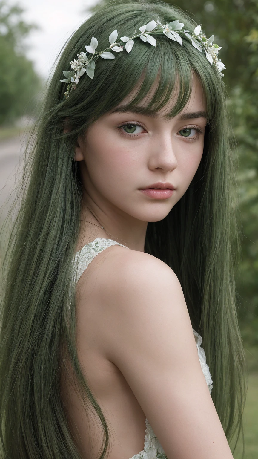 a girl. face sent feeling. Europe. Oval face. long face. delicate facial features. half-closed eyes. seductively seductive. green eyes. long straight hair. green hair. messy hair. wreath on head. Sad. shy. straight face. outdoor
