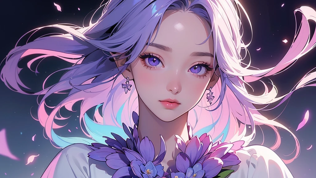 One girl, alone, flower束, flower, (Official Art, unity 8k wallpaper, Super detailed, beautifully、aesthetic, masterpiece ,Highest quality:1.3), (Floating colorful sparkles:1) , elegant, Vibrant colors, Highly detailed face, Detailed eyes, Glowing Skin, Glossy Lips , Pale purple background,