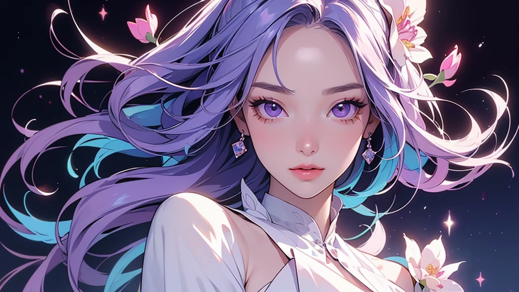 One girl, alone, flower束, flower, (Official Art, unity 8k wallpaper, Super detailed, beautifully、aesthetic, masterpiece ,Highest quality:1.3), (Floating colorful sparkles:1) , elegant, Vibrant colors, Highly detailed face, Detailed eyes, Glowing Skin, Glossy Lips , Pale purple background,