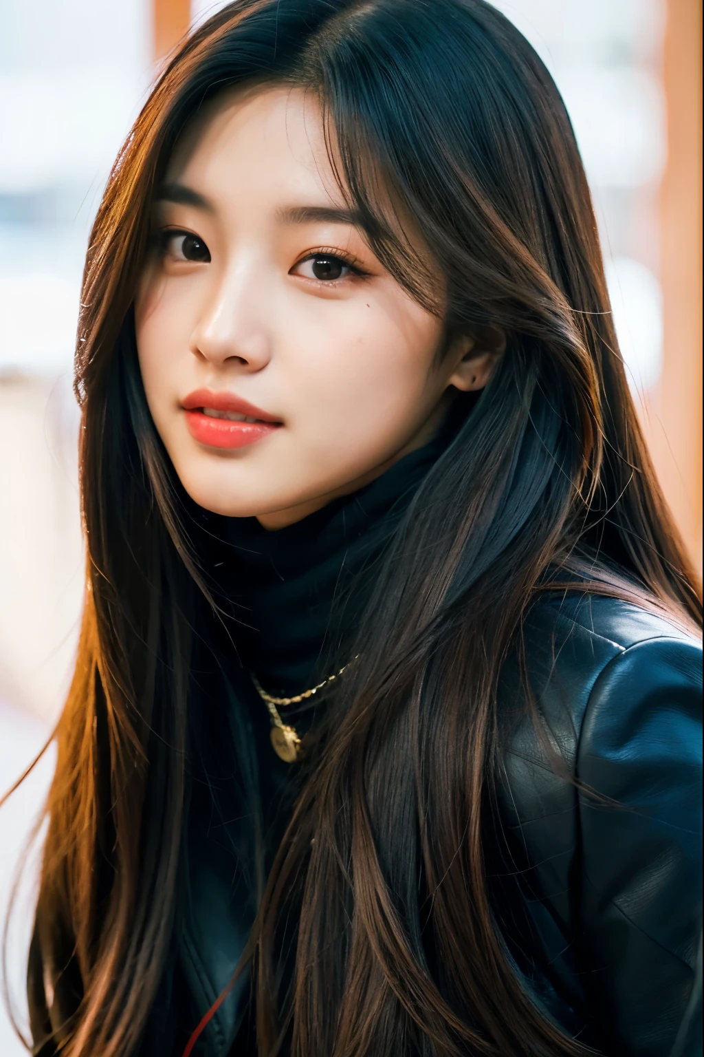 a woman with long hair wearing a black coat and red turtle neck, bae suzy, portrait jisoo blackpink, jisoo of blackpink, jisoo from blackpink, jossi of blackpink, jinyoung shin, blackpink jennie, by Tadashi Nakayama, heonhwa choe, park ji-min, portrait of jossi of blackpink, seseon yoon, lee ji - eun